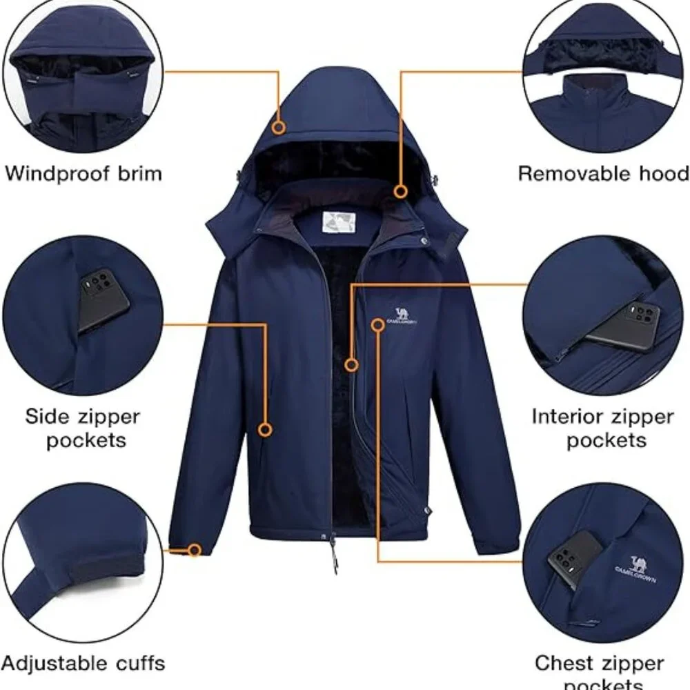Camel Crown Men's Waterproof Removable‎ Fleece Lined Winter Ski Jacket Sz 2XL